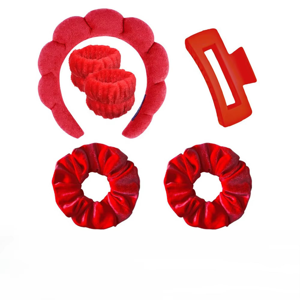 6Pcs/Set Women'S SPA Hairband Set Headband Hair Hoop Claw Clip Velvet Hair Hoop Wristband for Washing Face Skincare Makeup Wear