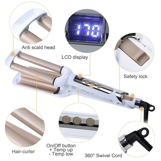 Crimper Hair Iron, Ceramic Hair Crimper Hair Waver 3 Barrel Curling Iron 0.6 ...