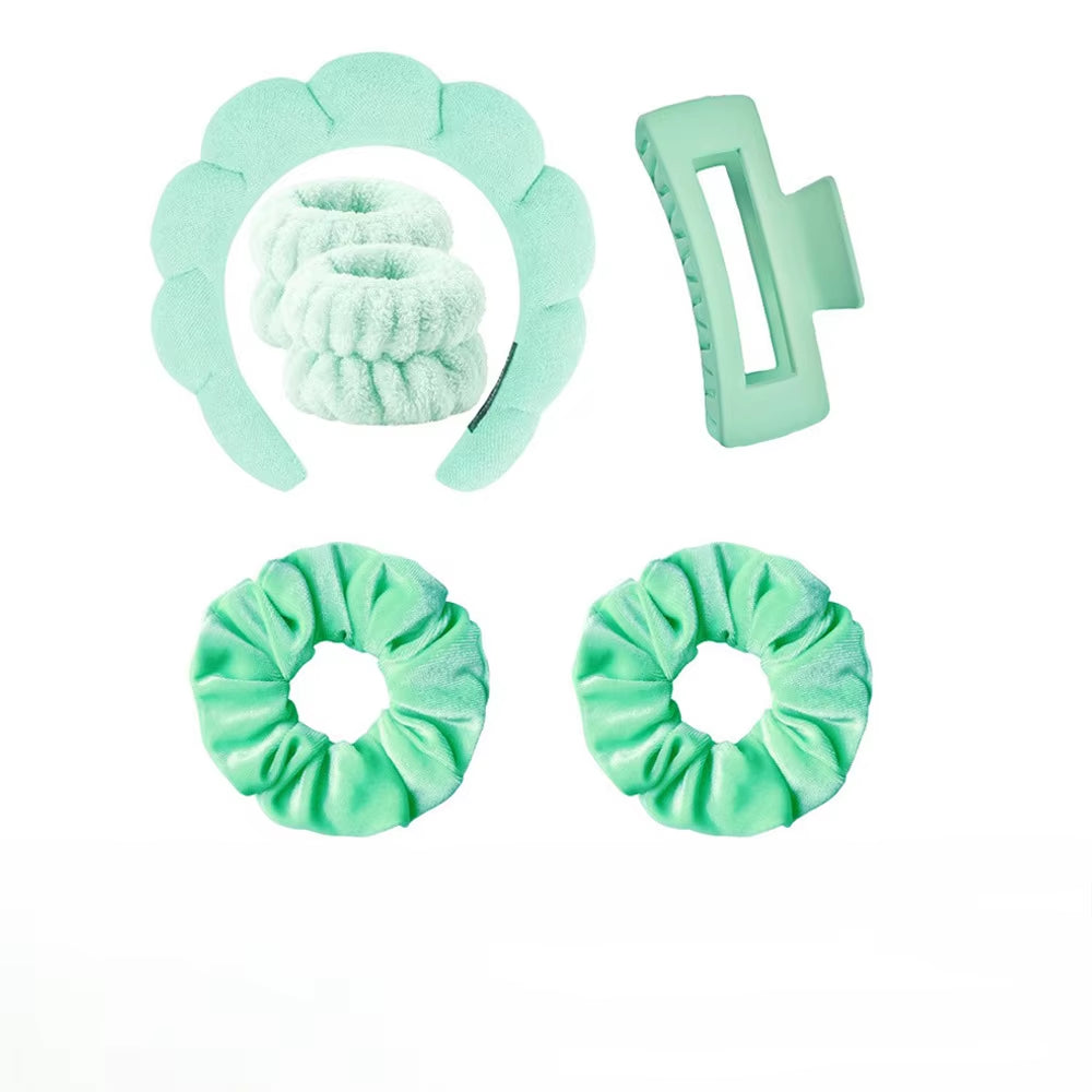 6Pcs/Set Women'S SPA Hairband Set Headband Hair Hoop Claw Clip Velvet Hair Hoop Wristband for Washing Face Skincare Makeup Wear