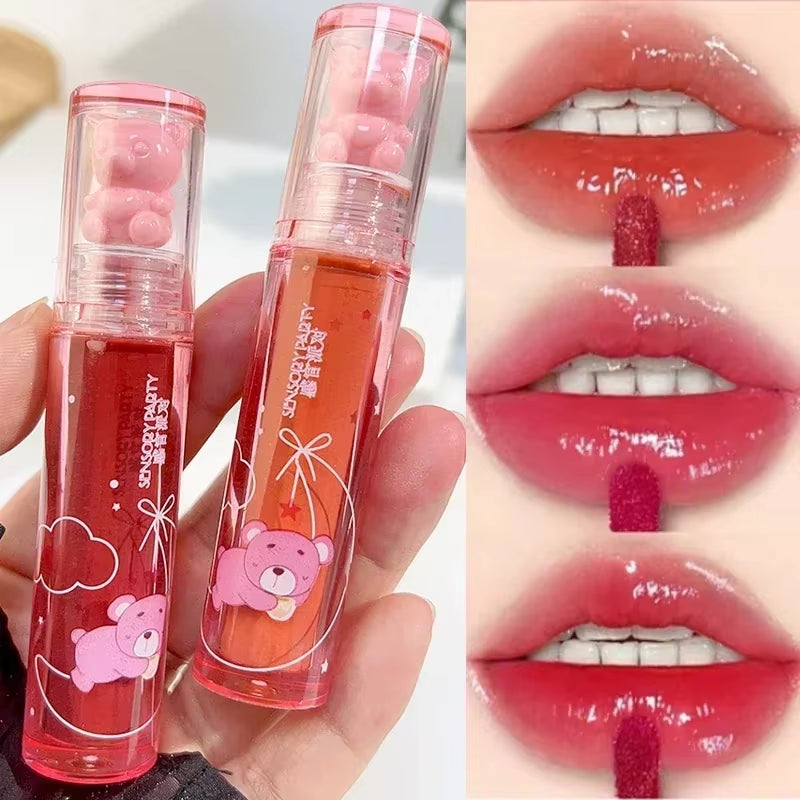Crystal Glossy  Mirror Cute Bear Lip Gloss Waterproof Transparent Nude Liquid Lipstick Lip Girls Makeup Korean Makeup