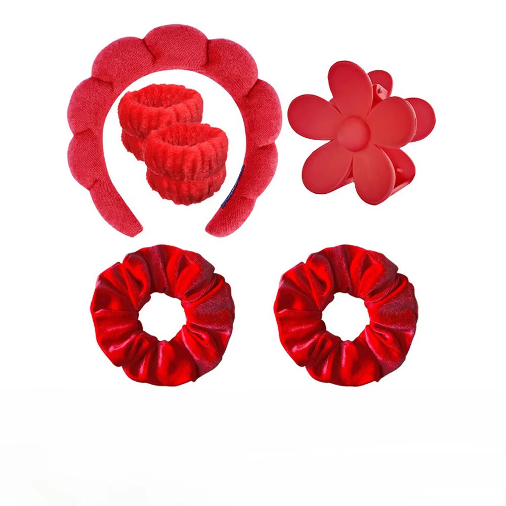6Pcs/Set Women'S SPA Hairband Set Headband Hair Hoop Claw Clip Velvet Hair Hoop Wristband for Washing Face Skincare Makeup Wear