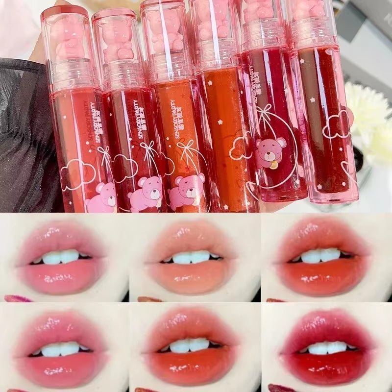 Crystal Glossy  Mirror Cute Bear Lip Gloss Waterproof Transparent Nude Liquid Lipstick Lip Girls Makeup Korean Makeup