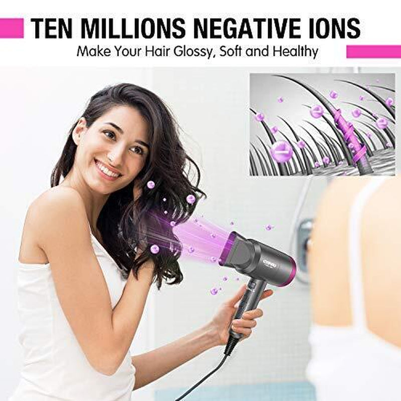 Ionic Blow Dryer 1600W, Portable Lightweight Fast Drying Negative Ion Black