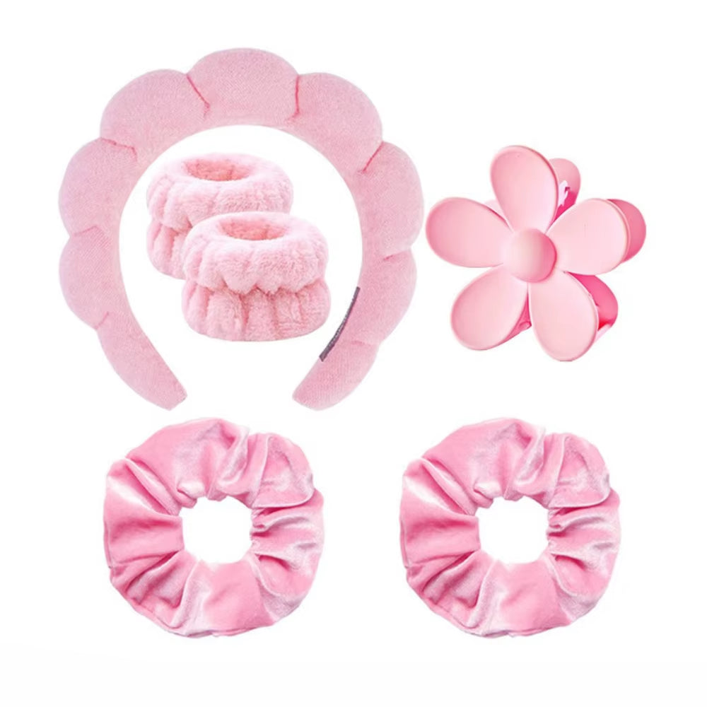 6Pcs/Set Women'S SPA Hairband Set Headband Hair Hoop Claw Clip Velvet Hair Hoop Wristband for Washing Face Skincare Makeup Wear