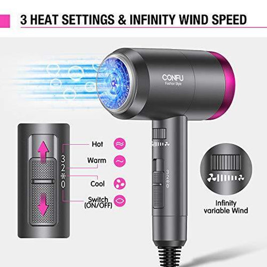 Ionic Blow Dryer 1600W, Portable Lightweight Fast Drying Negative Ion Black