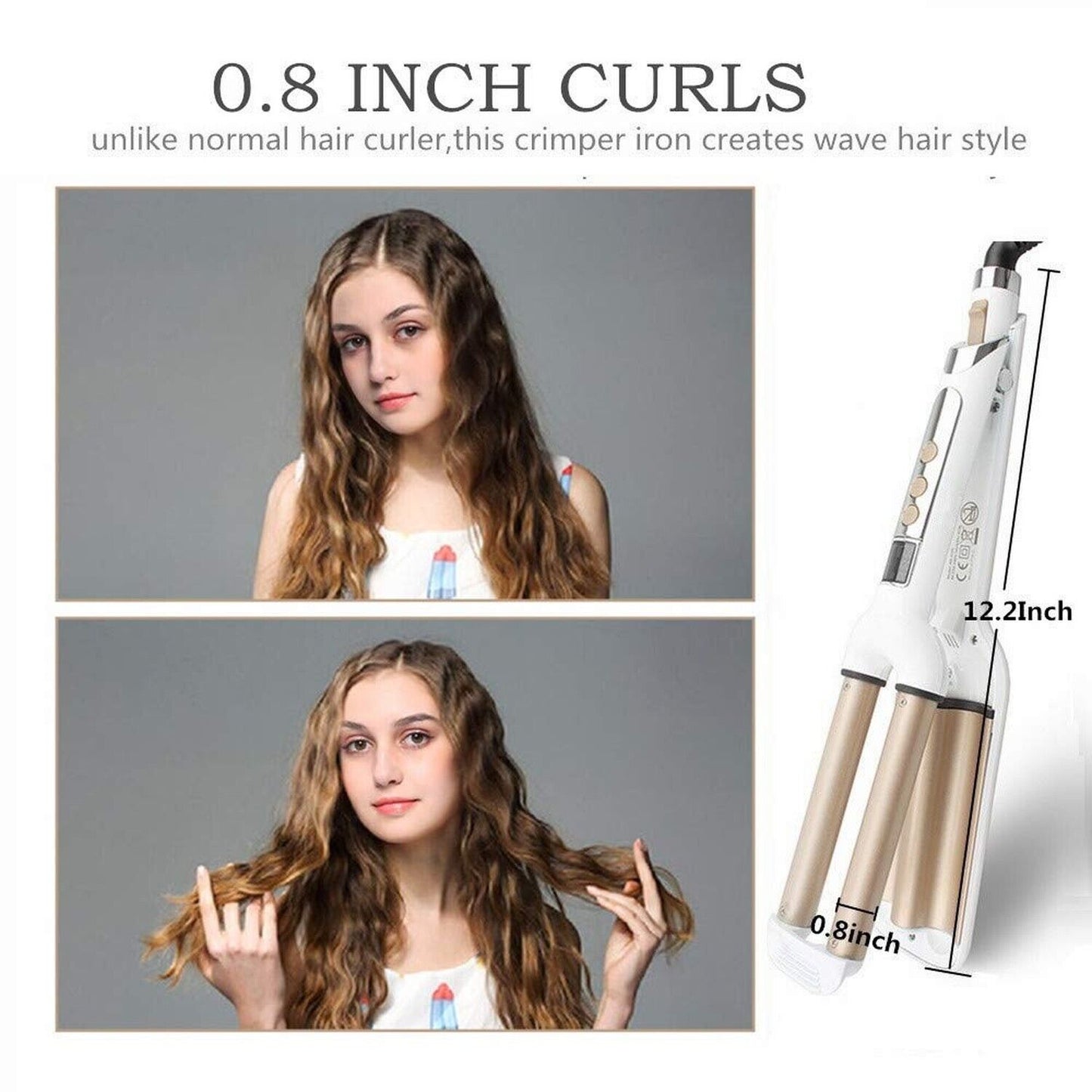 Crimper Hair Iron, Ceramic Hair Crimper Hair Waver 3 Barrel Curling Iron 0.6 ...