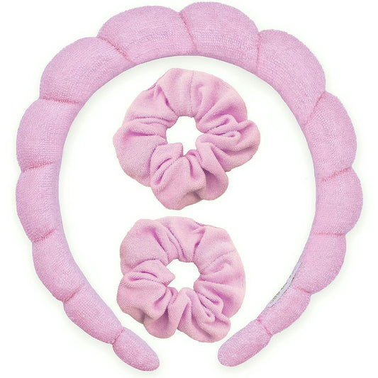 Puffy Spa Headband and Wristband Scrunchies for Girls, Skincare Headbands for Women Makeup, Terry Cloth Towel Head Band for Skin Care, Twisted Bubble Make up Hair Band for Washing Face