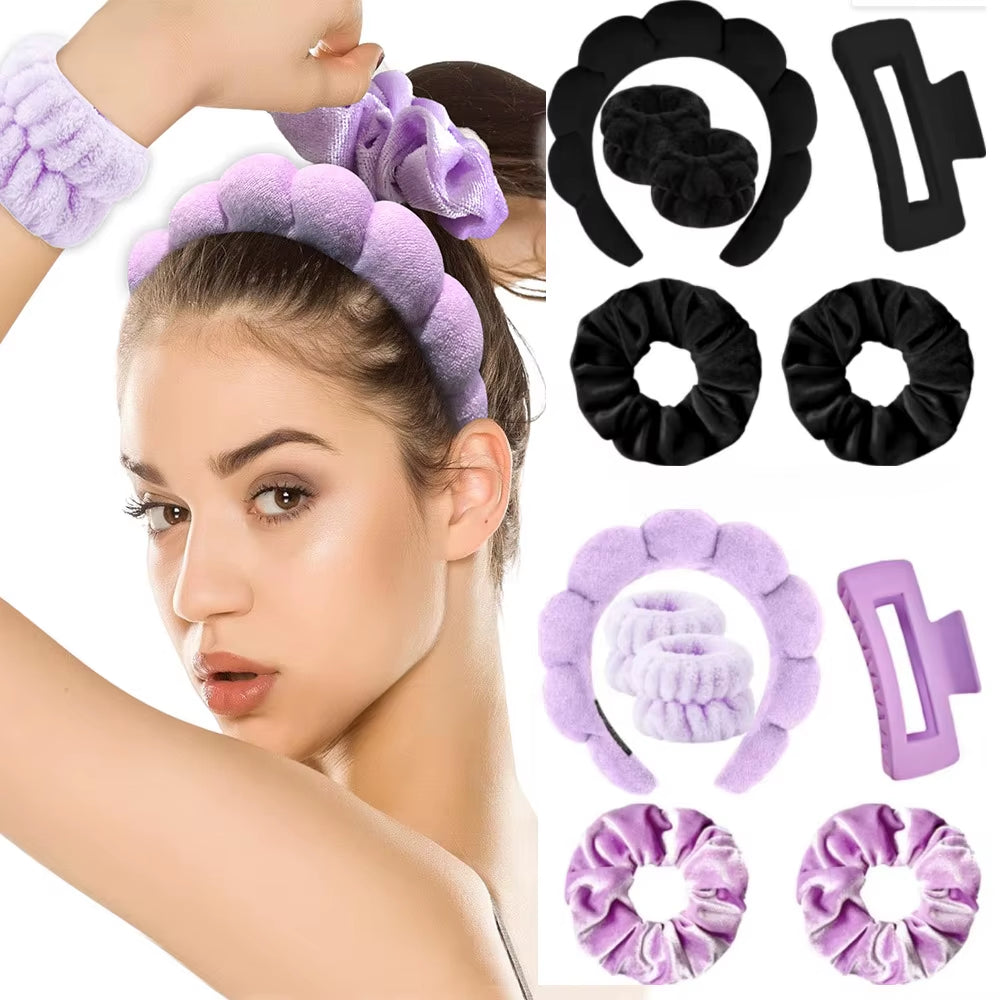 6Pcs/Set Women'S SPA Hairband Set Headband Hair Hoop Claw Clip Velvet Hair Hoop Wristband for Washing Face Skincare Makeup Wear