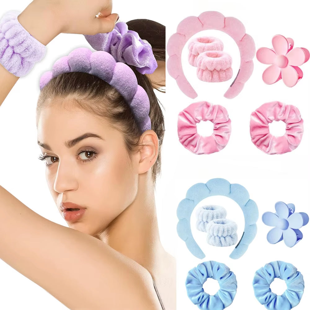 6Pcs/Set Women'S SPA Hairband Set Headband Hair Hoop Claw Clip Velvet Hair Hoop Wristband for Washing Face Skincare Makeup Wear
